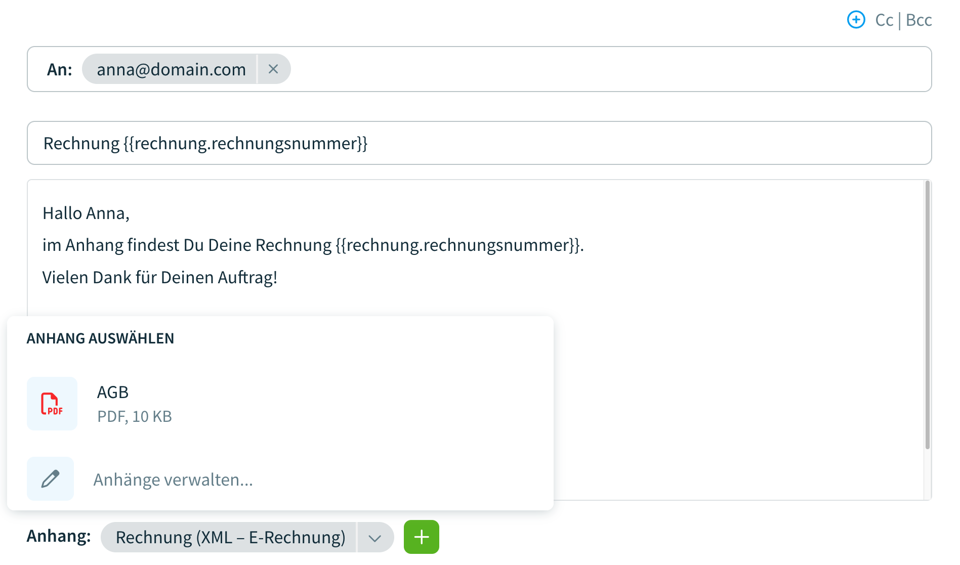Einen Anhang beim Versand der E-Mail auswählen und hinzufügen