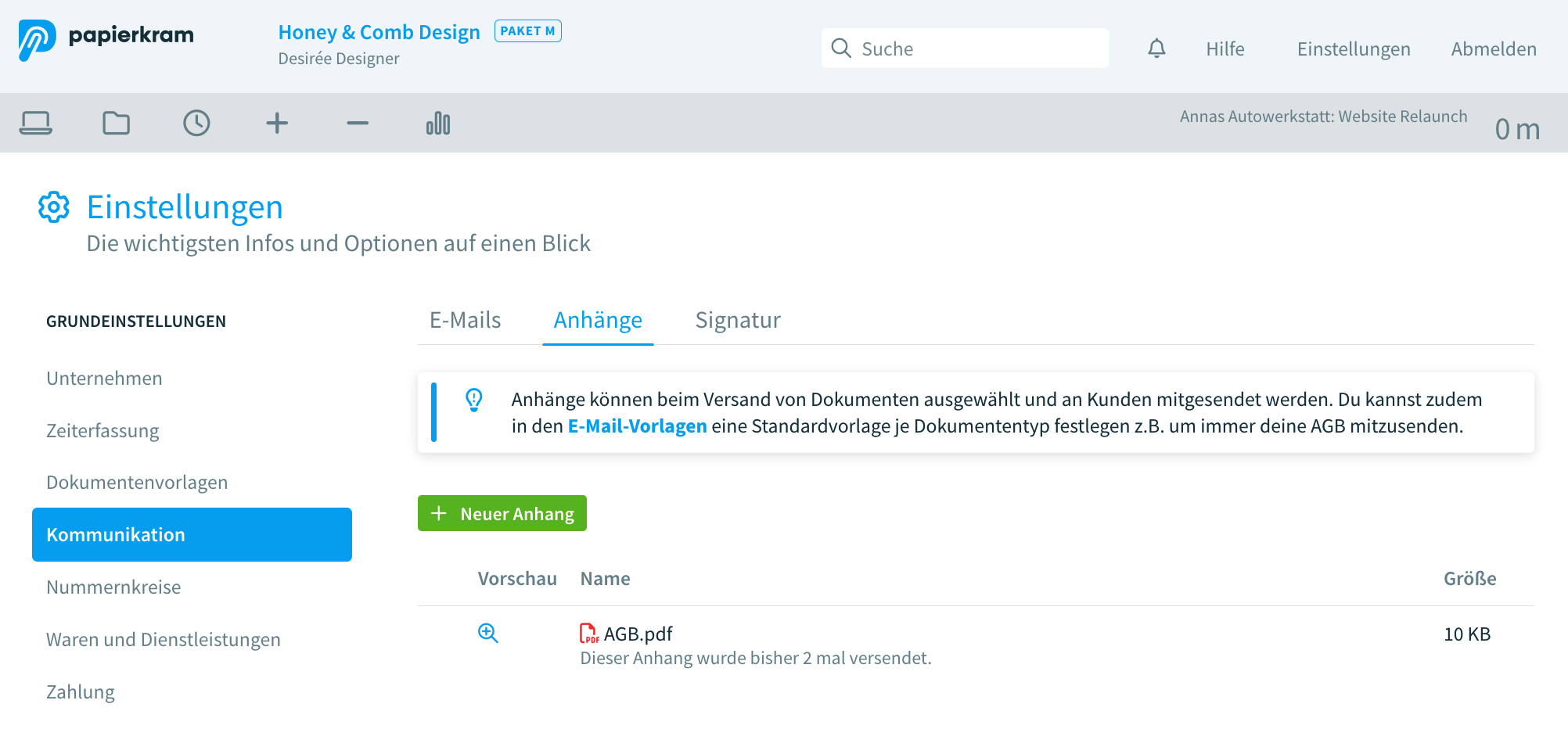 Anhänge zu Rechnungen, Angeboten, Lieferscheinen und Mahnungen im Account hochladen und speichern