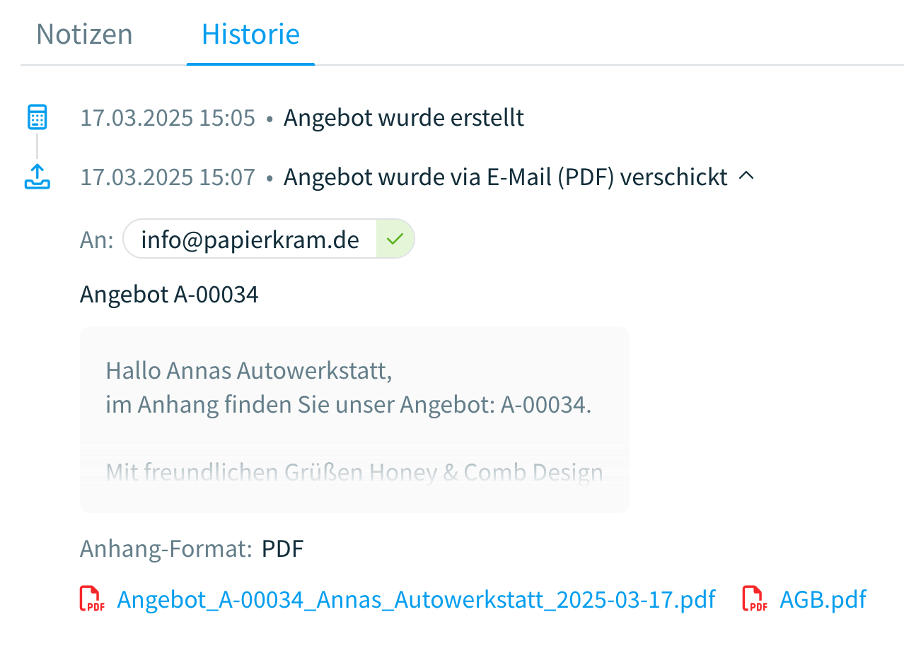 Anhänge werden in der Historie der versendeten Dokumente angezeigt