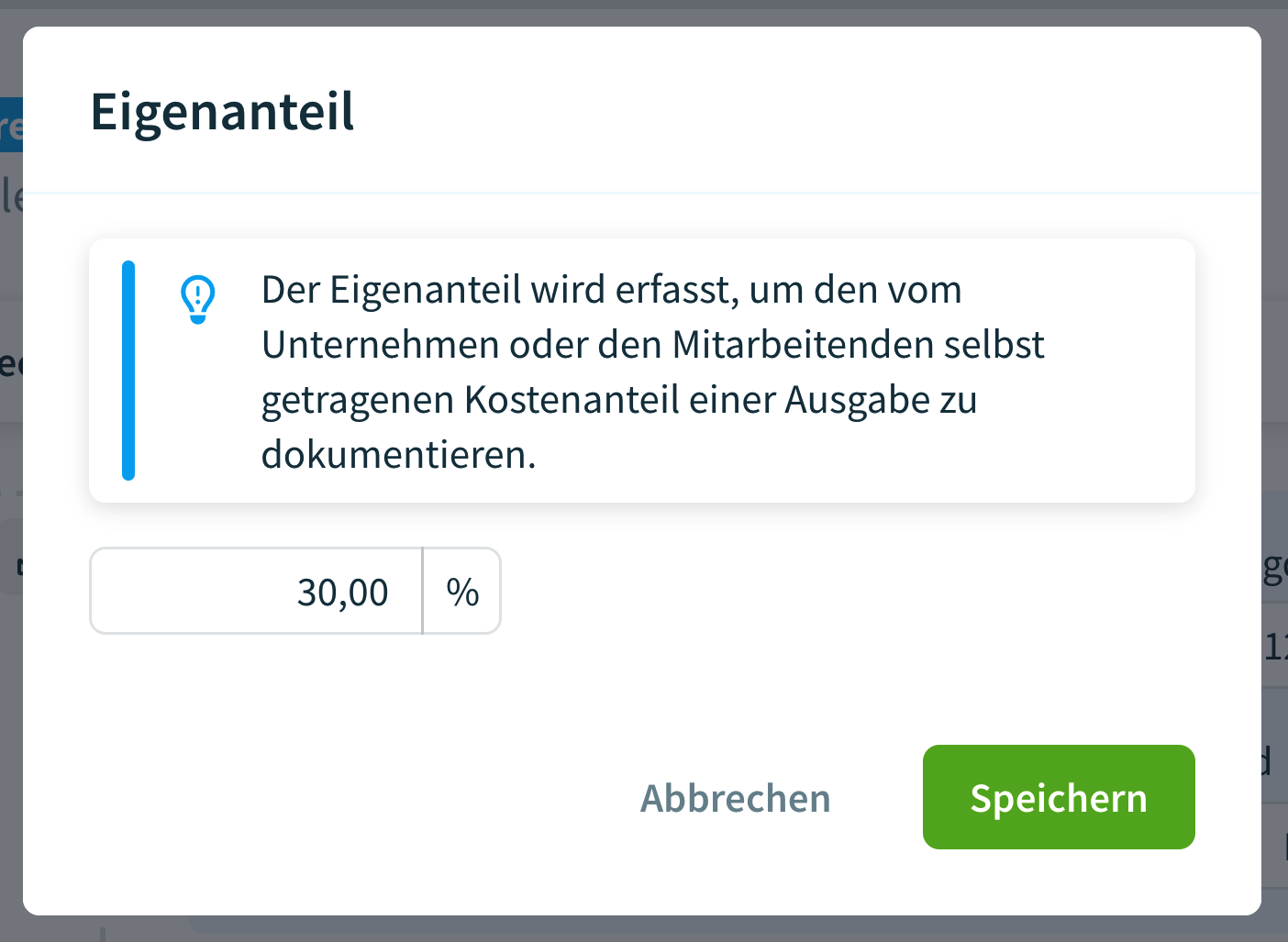 Einen Eigenanteil in einem Ausgabebeleg verbuchen