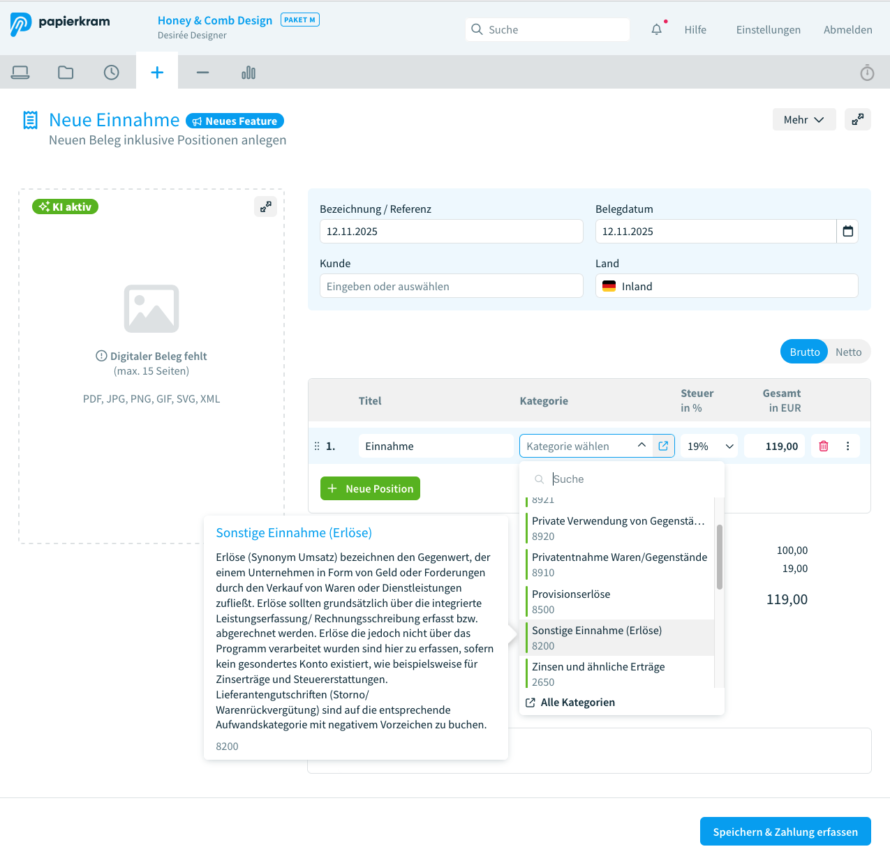 Einen Einnahmebeleg anlegen