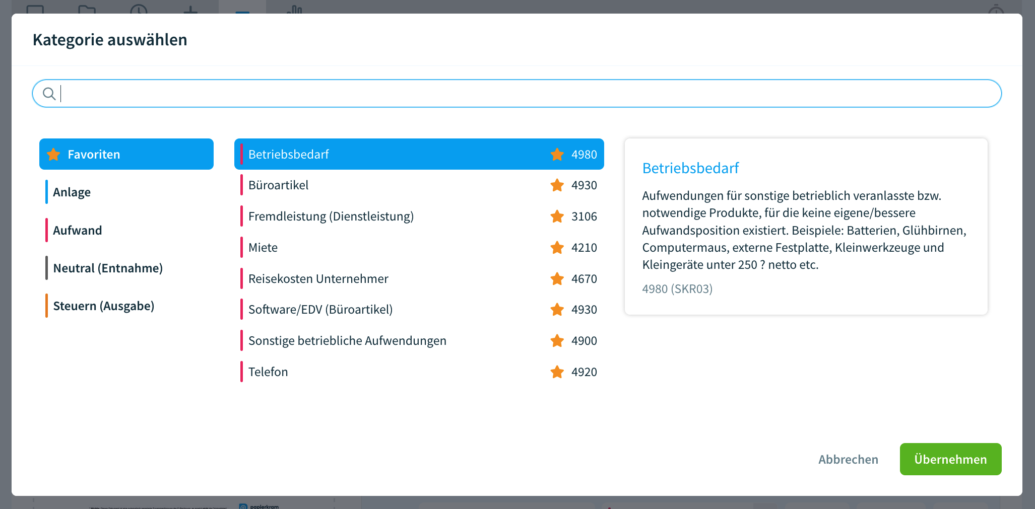Favoriten in der erweiterten Kategorienansicht