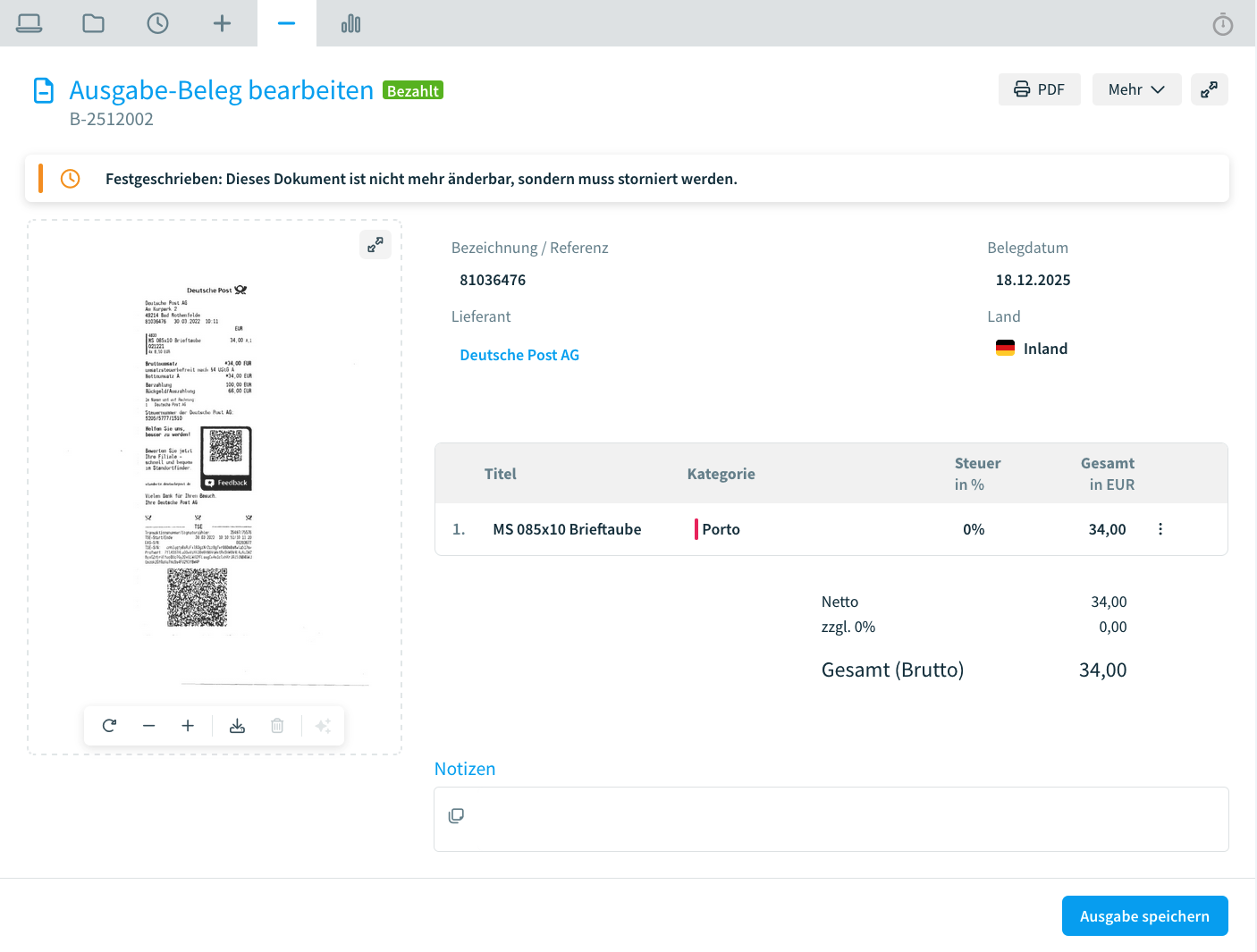 Ein festgeschriebener Beleg