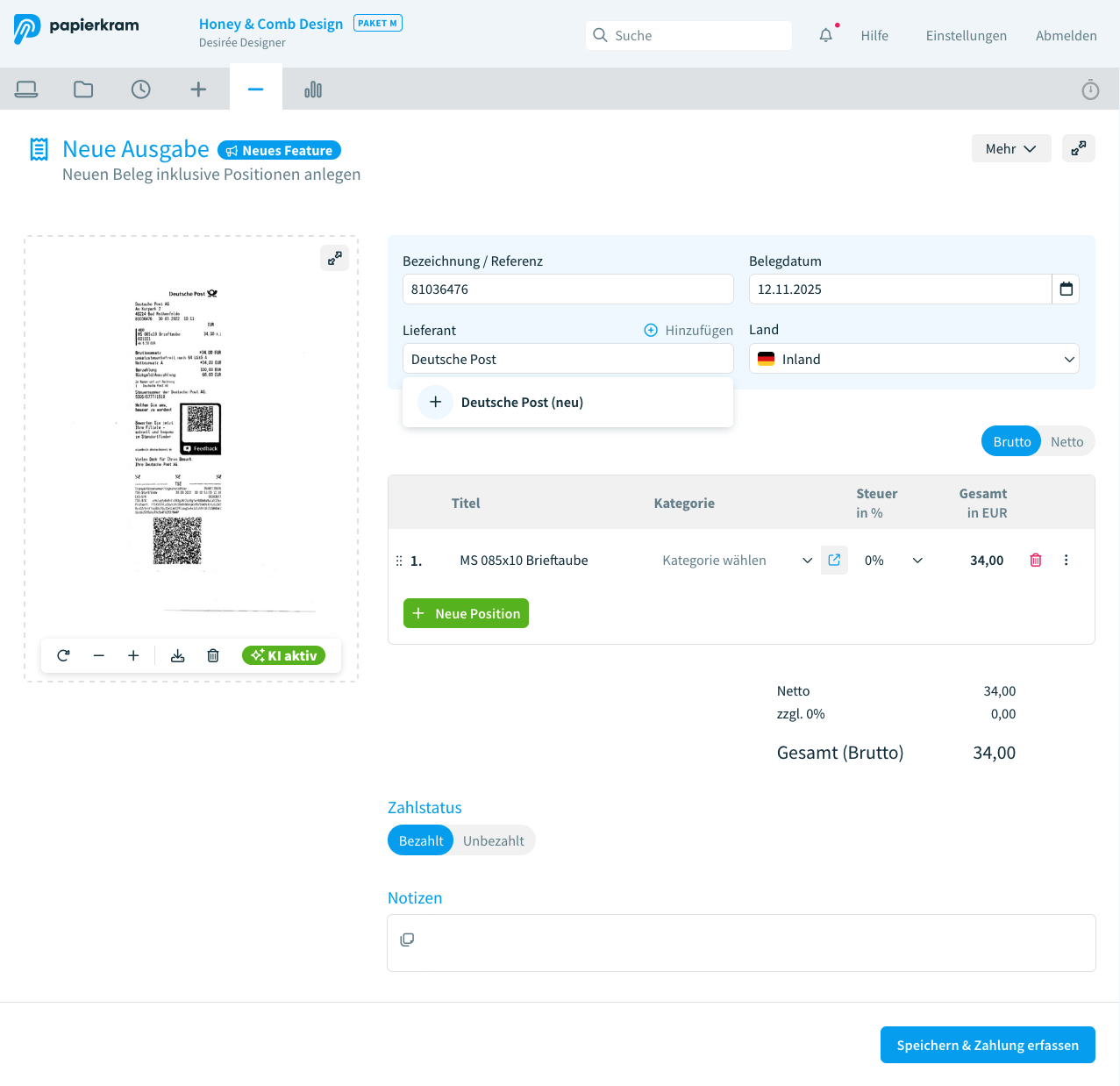 Beleg nach automatischer Datenübernahme durch künstliche Intelligenz MagicSuggest+