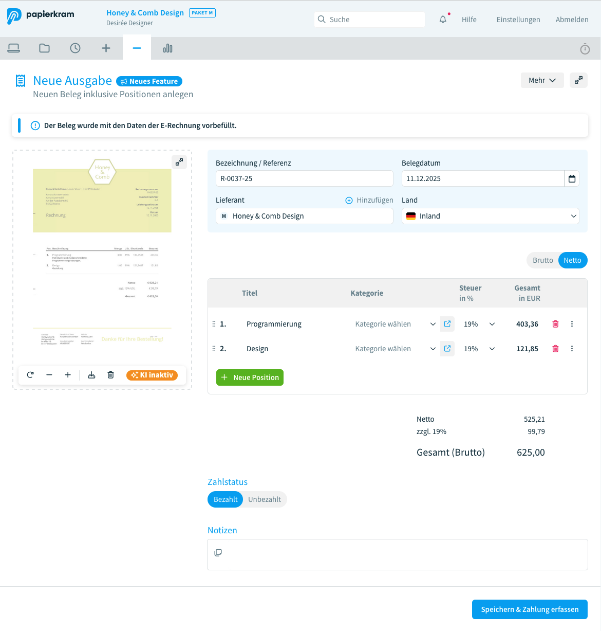 Belegerkennung mit automatischer Datenübernahme durch E-Rechnungs-Daten