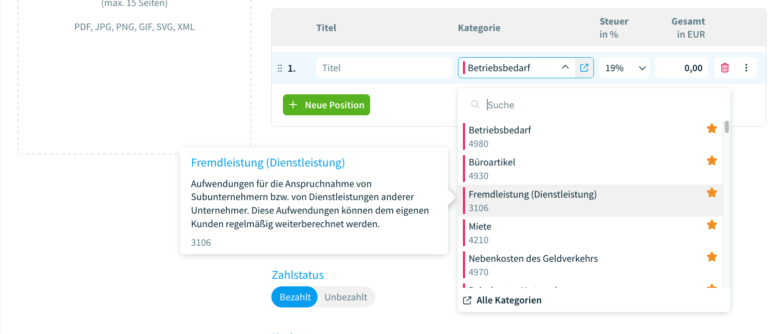 Die SKR-Kategorienliste in jeder Position eines Belegs
