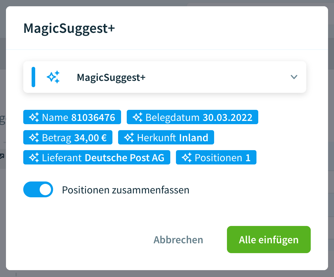 Ansicht nach KI-Datenübernahme und vor Auswahl der Daten