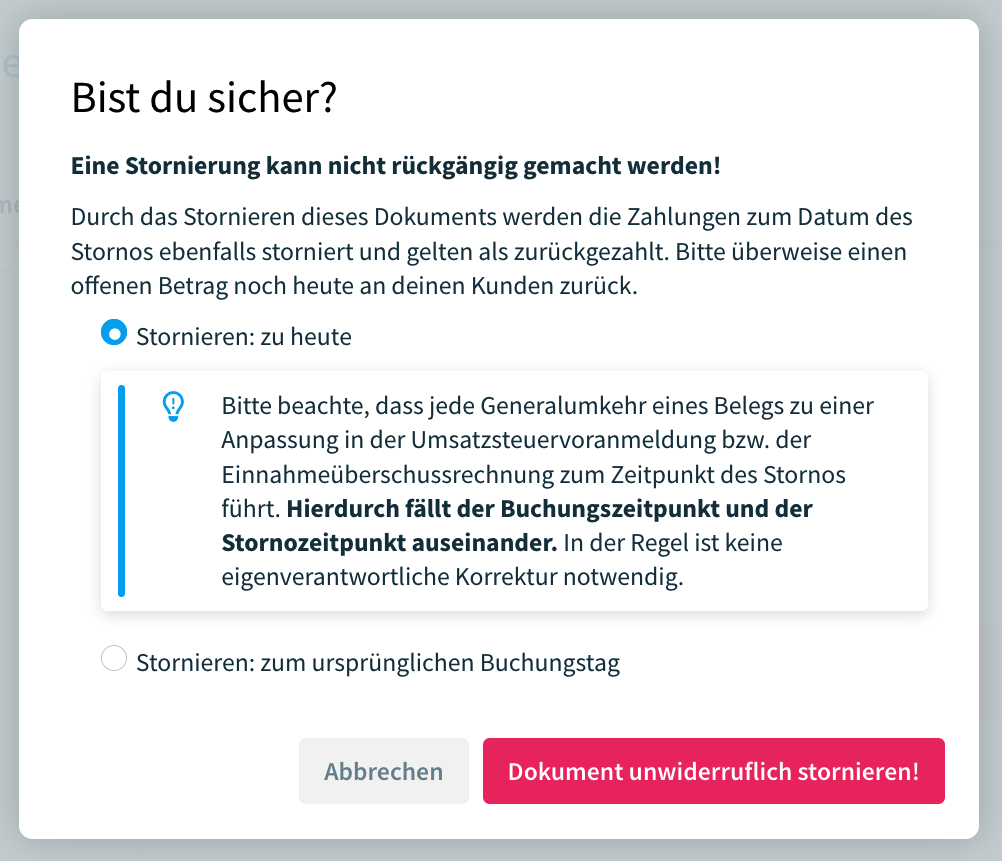 Stornierung eines Belegs zum aktuellen Datum