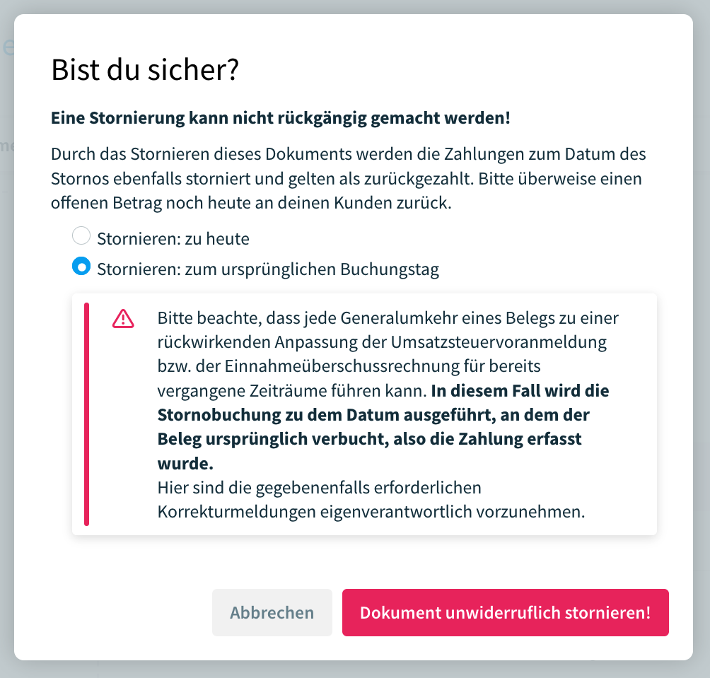 Stornierung eines Belegs zum ursprünglichen Buchungstag