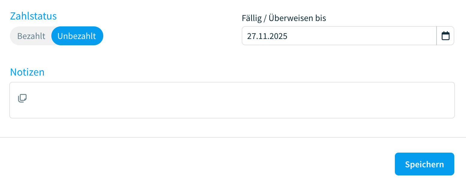 Ein gespeicherter Beleg mit Zahlstatus "unbezahlt"