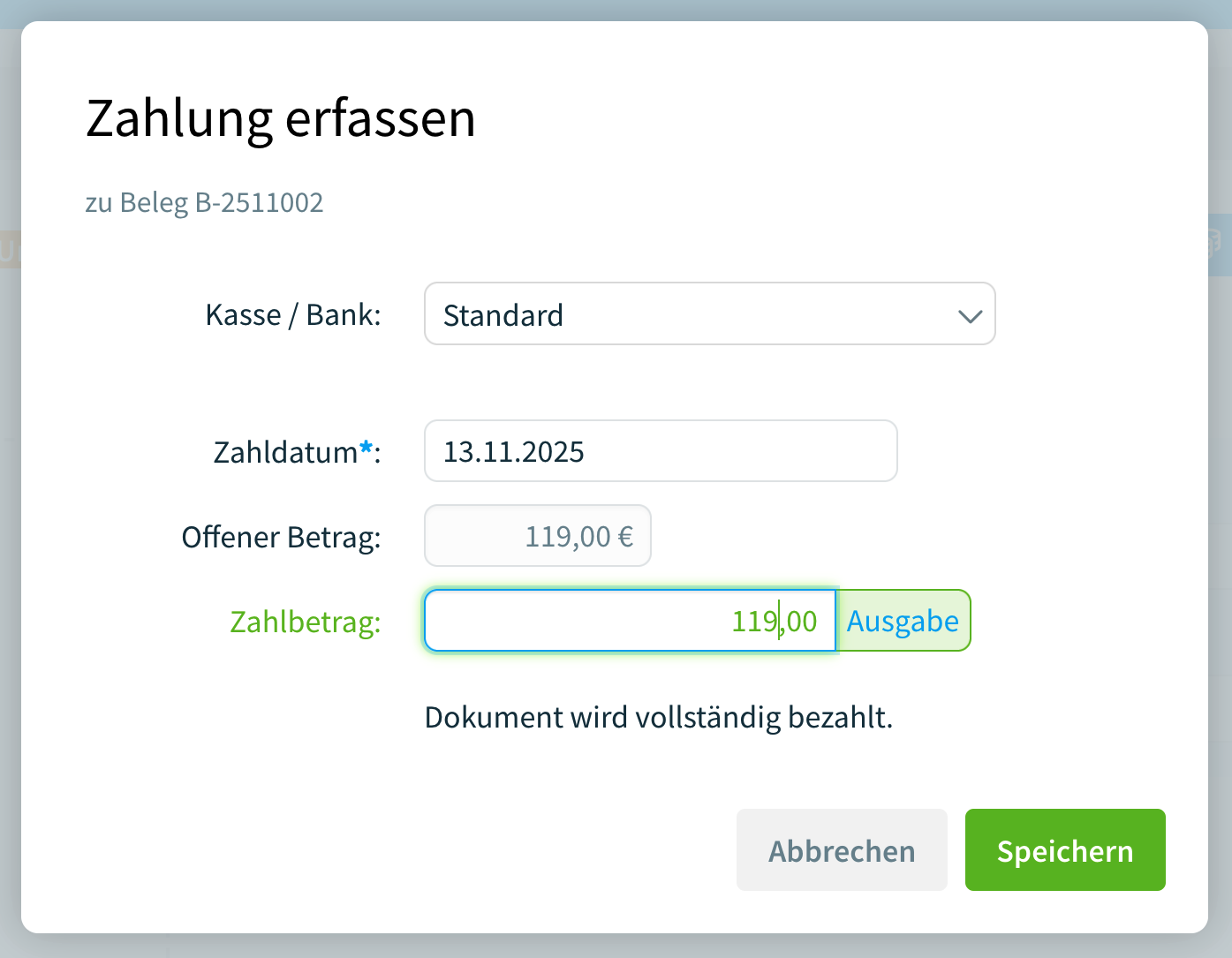 Zahlungserfassung eines Belegs