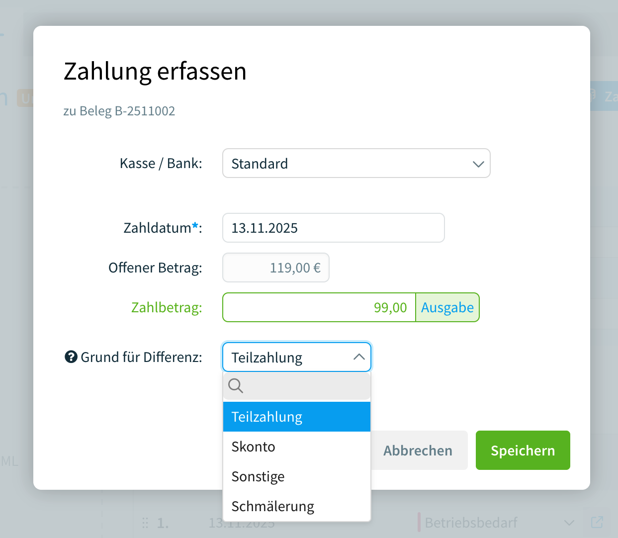 Teilzahlung eines Belegs