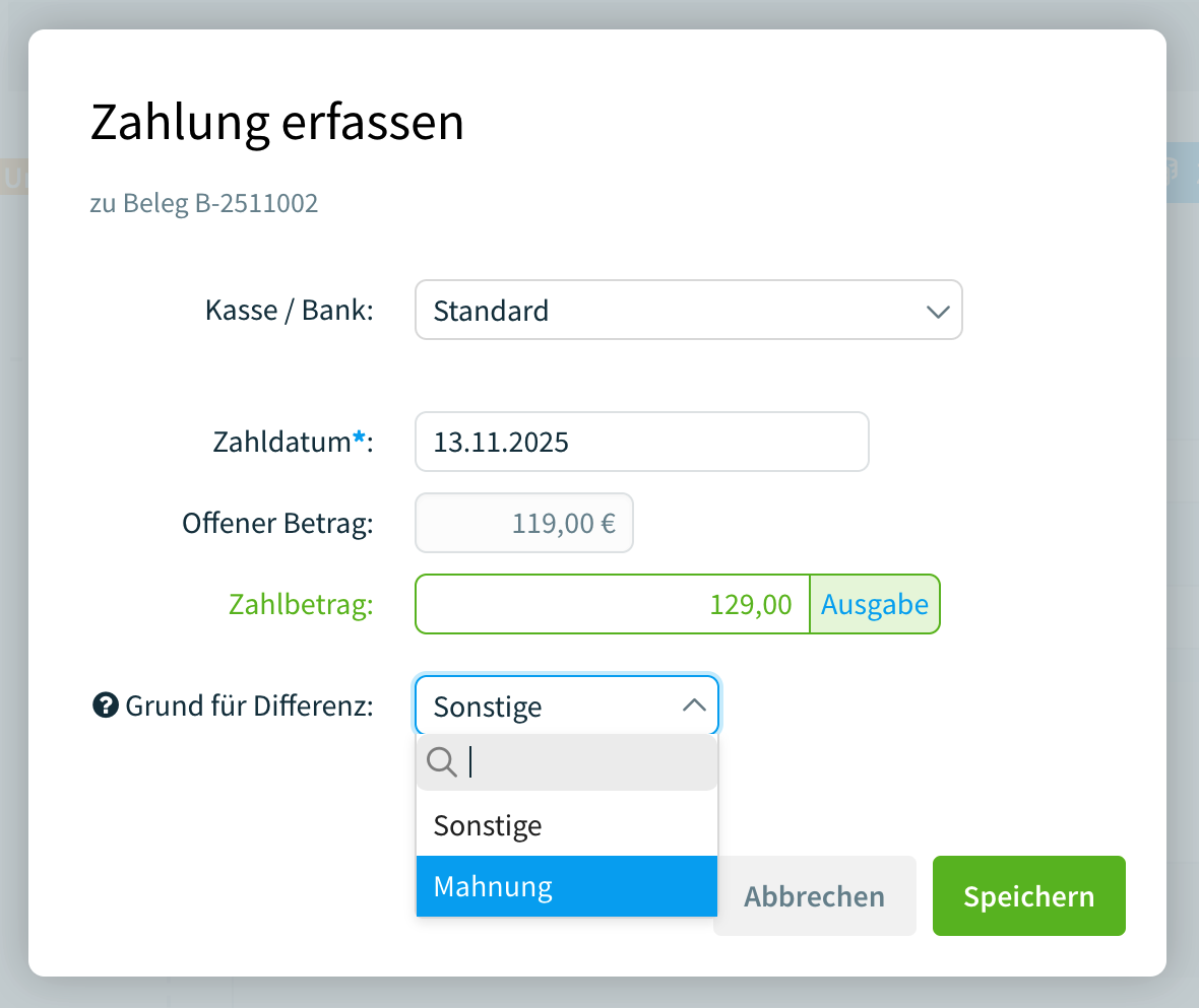 Überzahlung eines Belegs