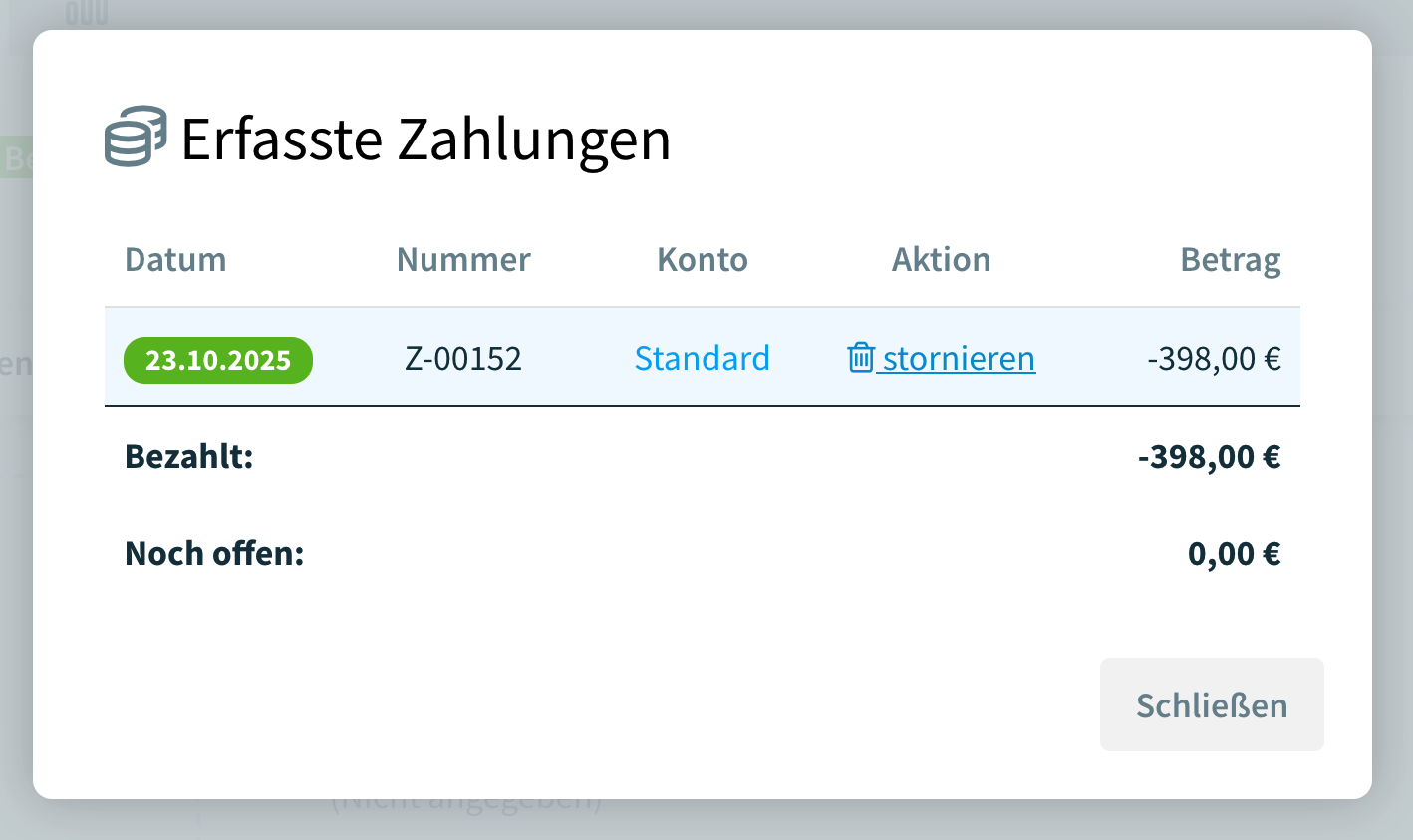 Zahlungen einsehen und stornieren