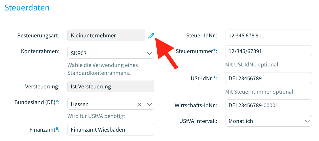 Besteuerungsart in einem Account ändern