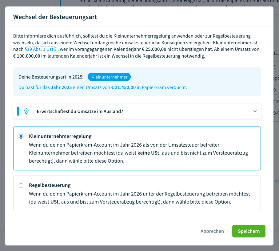 Ansicht, in der die Besteuerungsart geändert werden kann