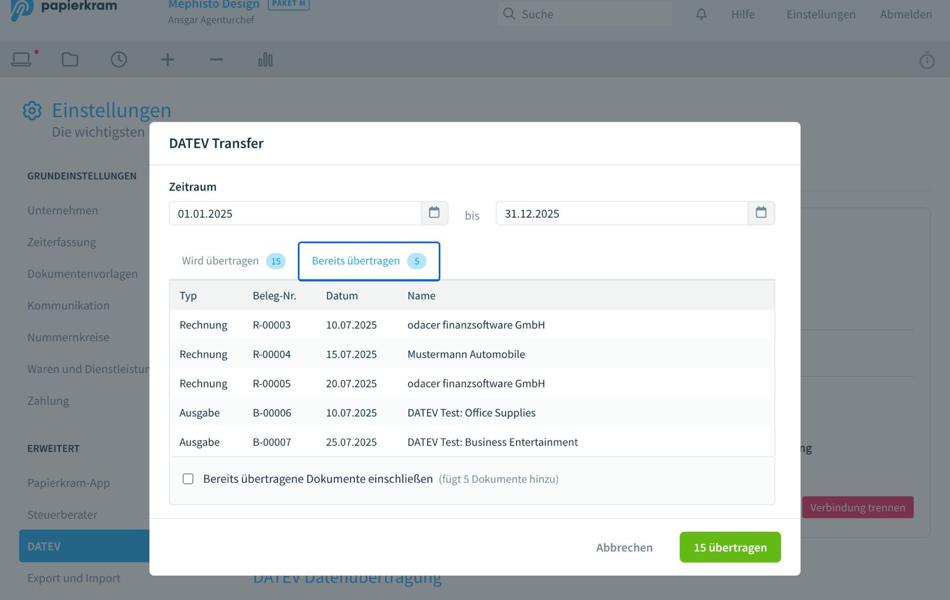 DATEV-Export bereits übertragene Belege