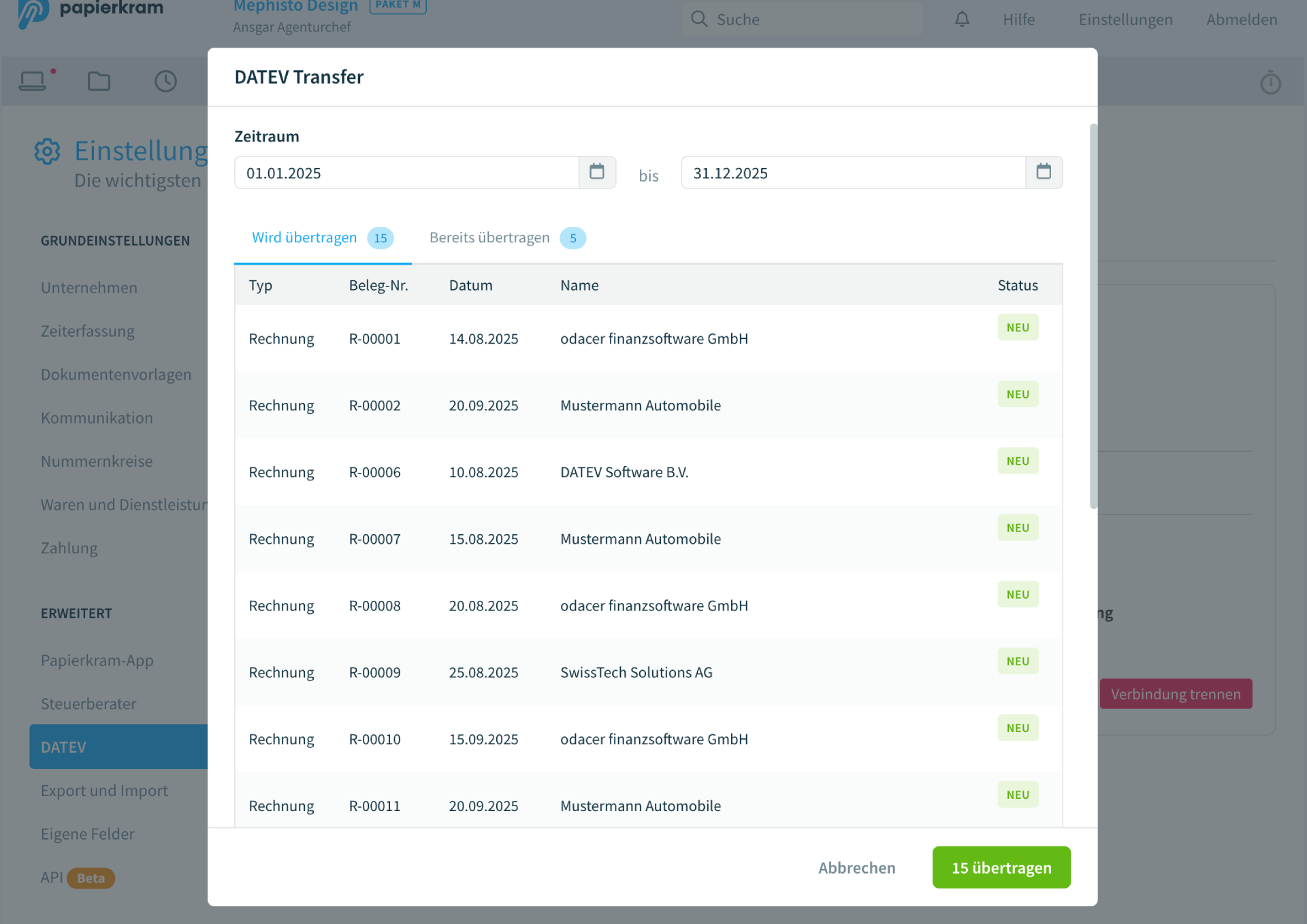 DATEV-Export Zeitraum auswaehlen