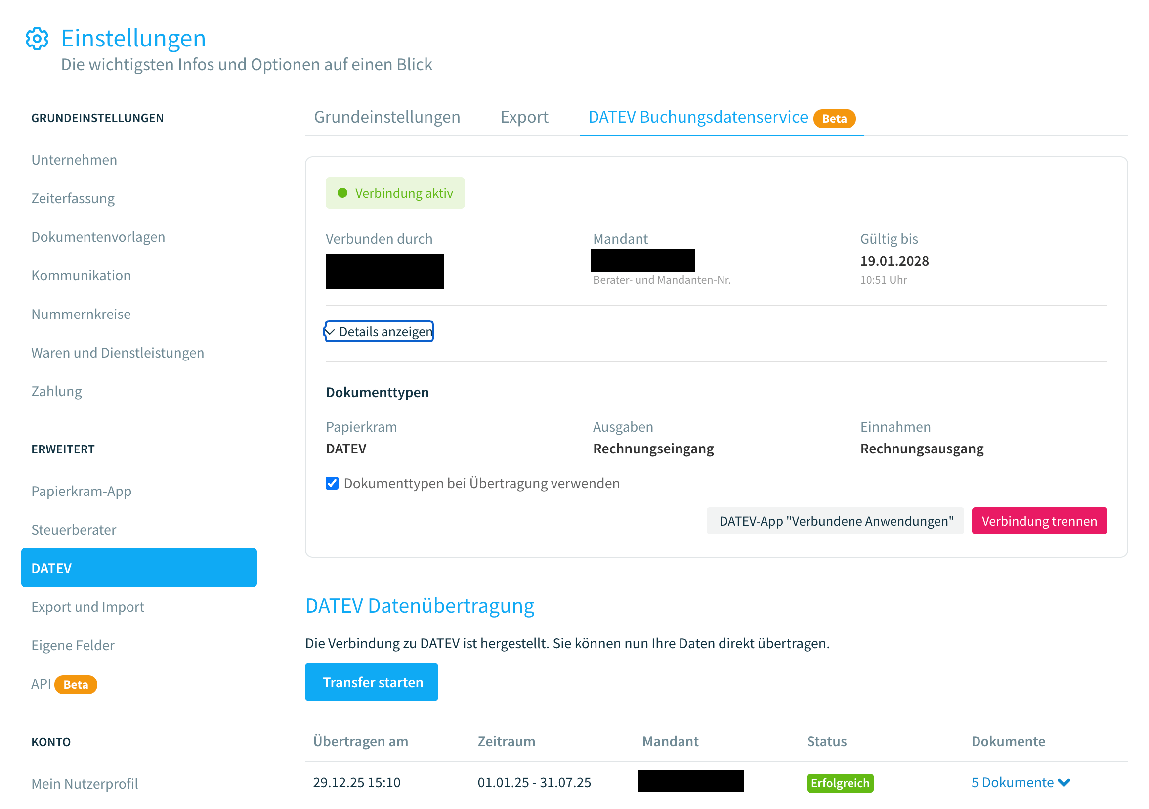 DATEV-Verbindung aktiviert
