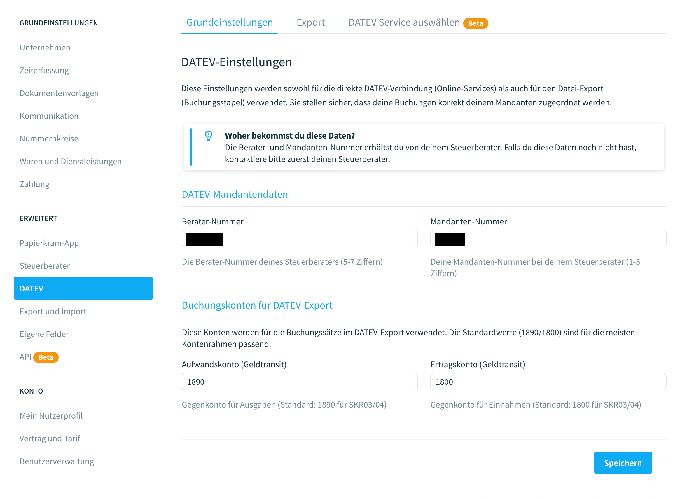 DATEV-Export Grundeinstellungen