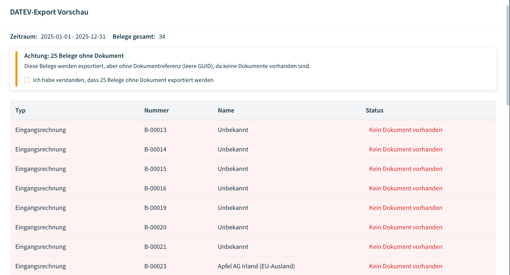 Warung bei Belegen ohne Dokumente im DATEV-Export