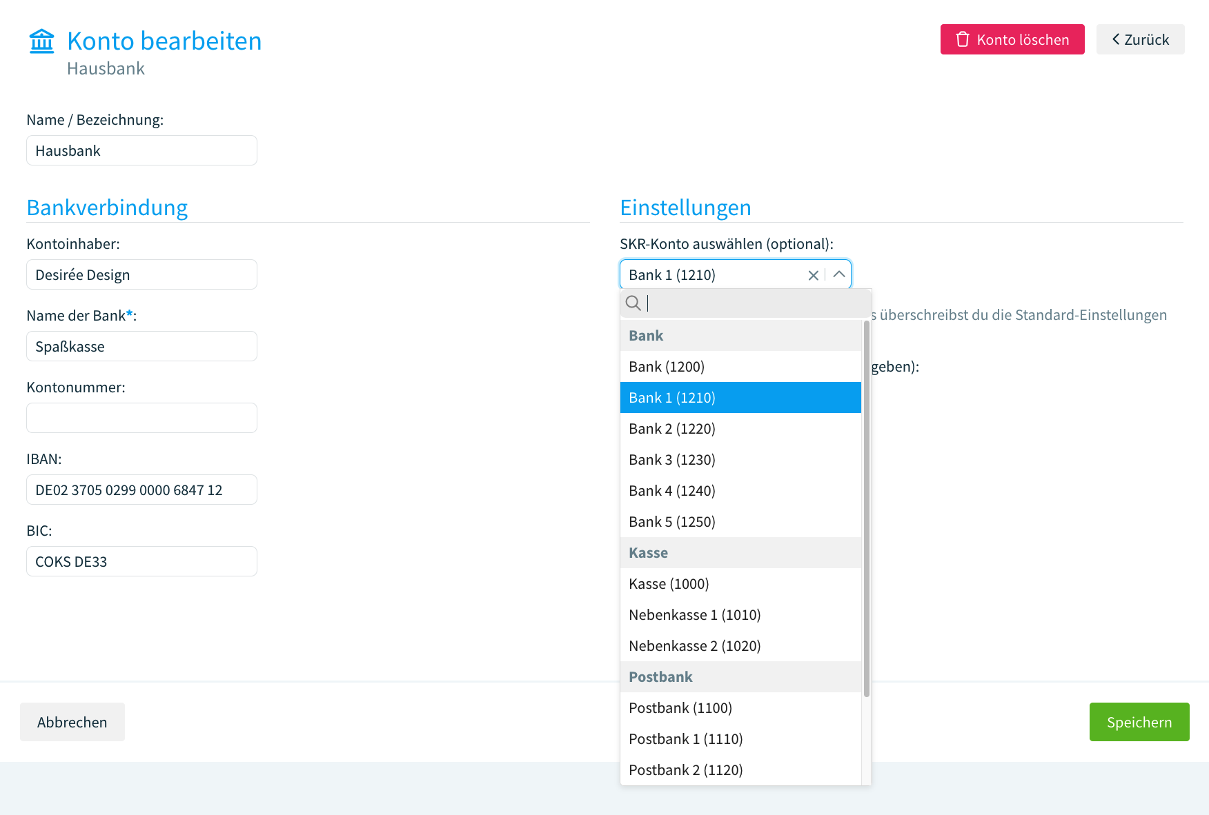 Gegenkonto für ein Bankkonto auswählen