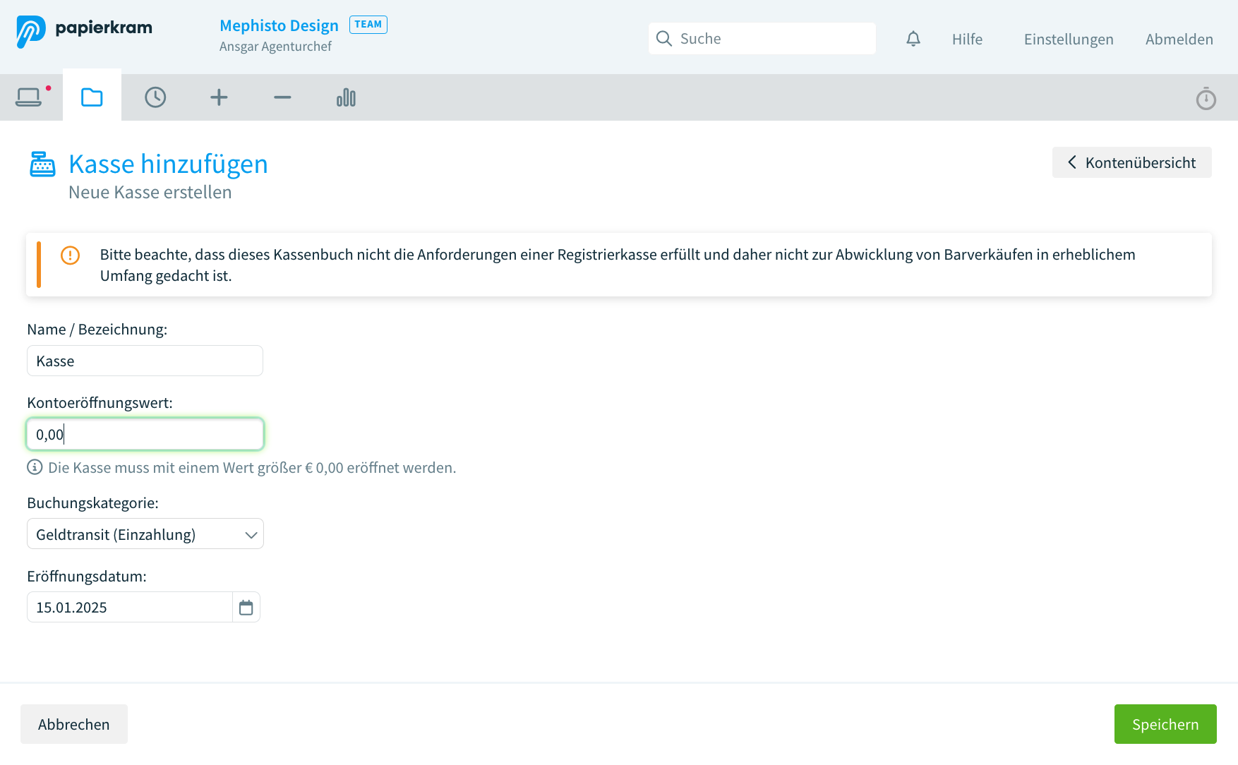 Eine Kasse einrichten