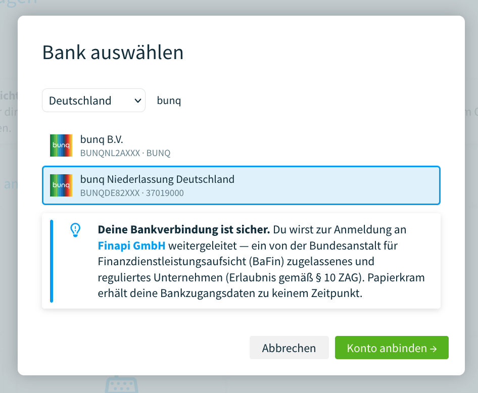 bunq als Bank zum Abgleich auswählen