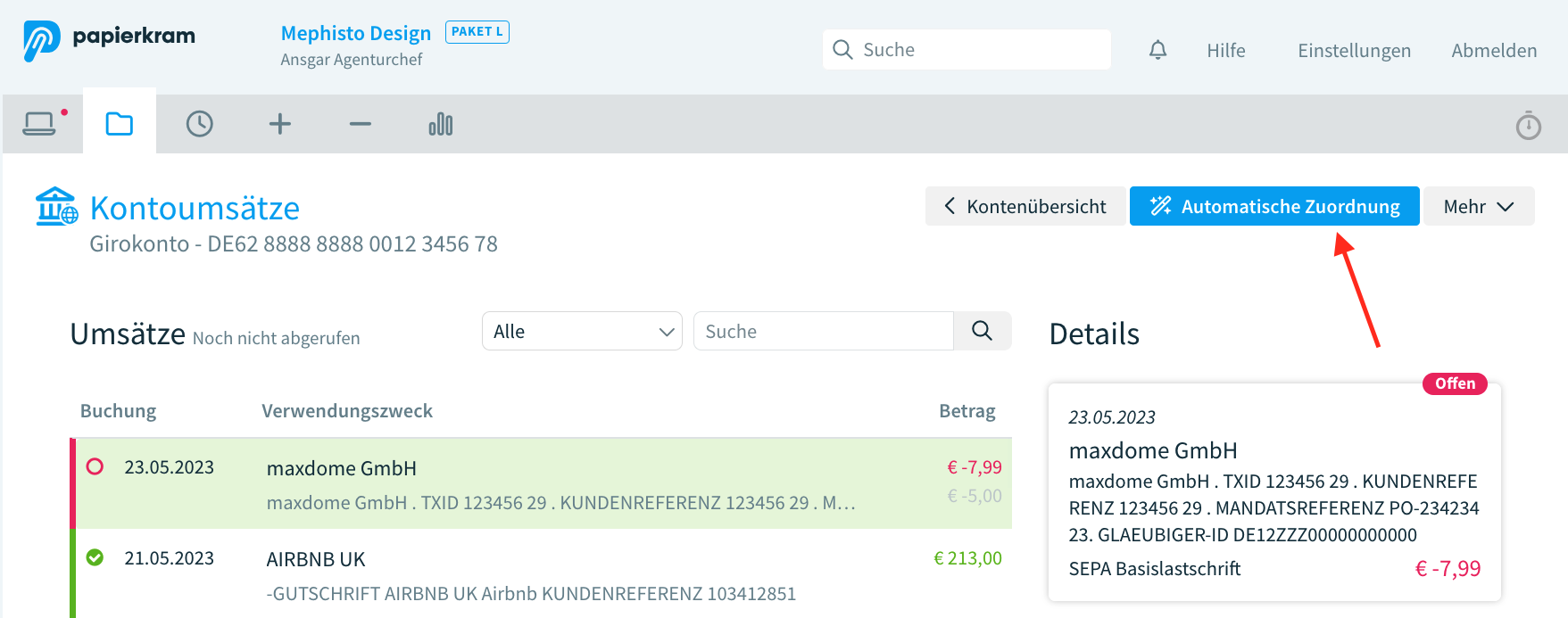 Automatische Zuordnunbg eines Umsatzes zu einer Rechnung