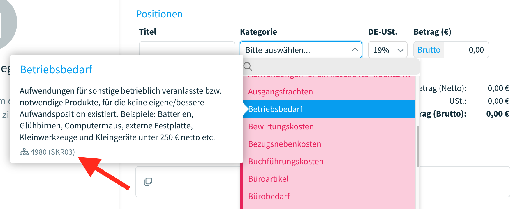 Anzeige der Kontonummern und Kontenrahmens in den Kategorien