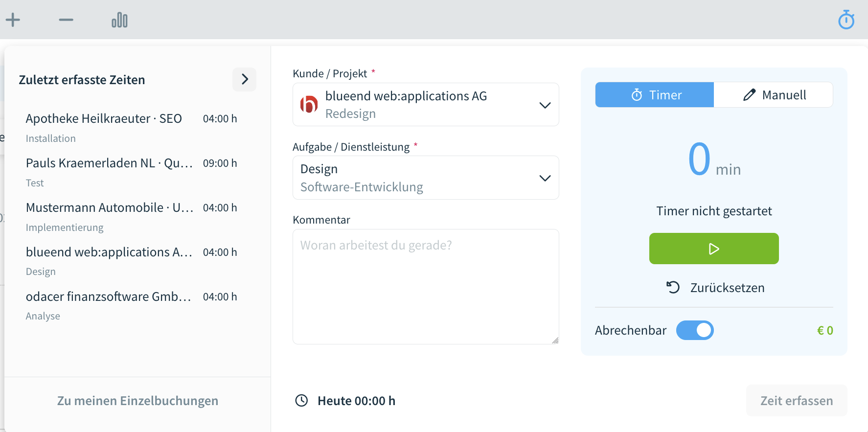 Liste der letzten Zeiterfassungen im TimeTracker